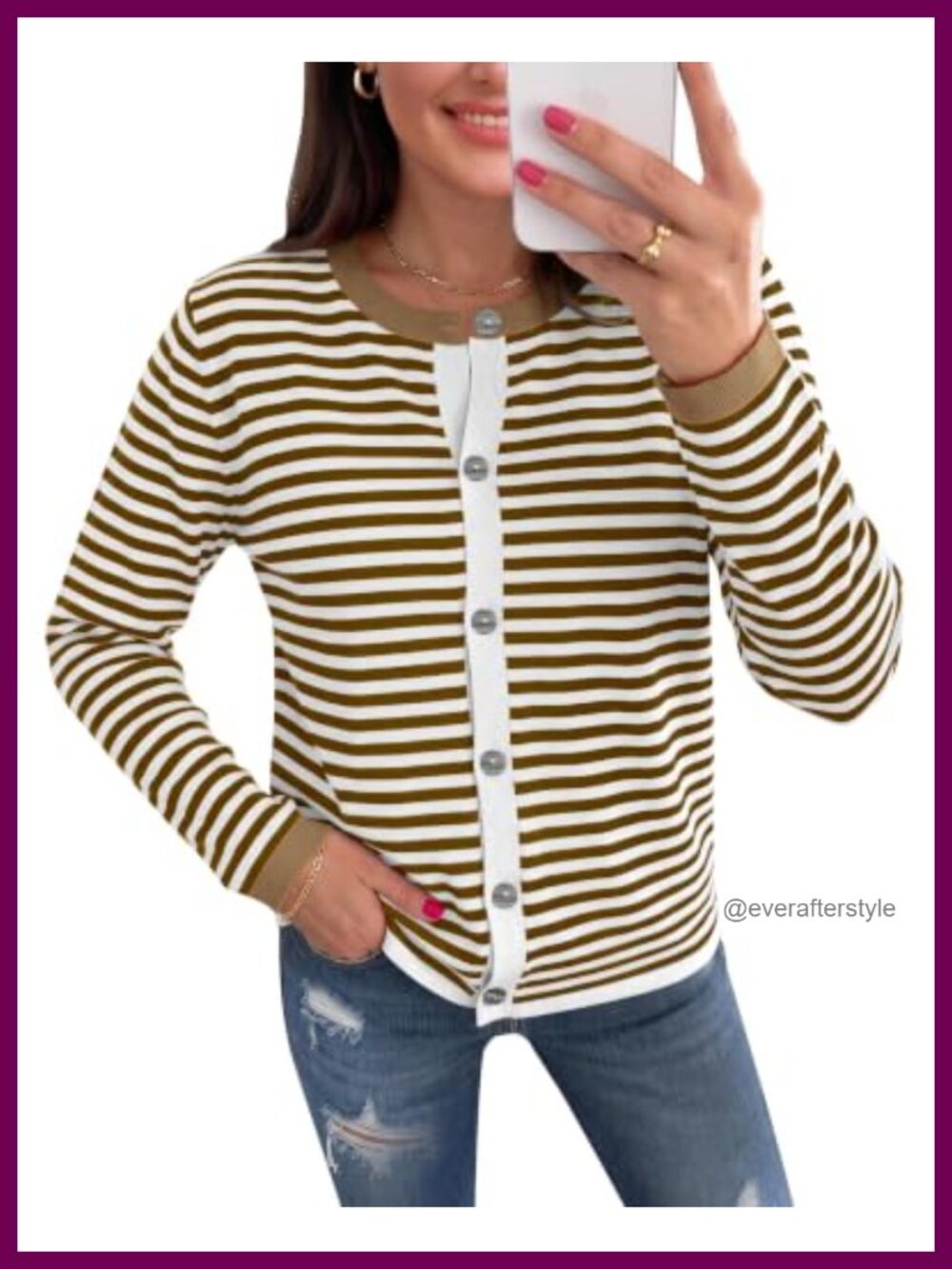 Striped Knit Cardigan Sweater Button Down Long Sleeve Loose Fit Viscose